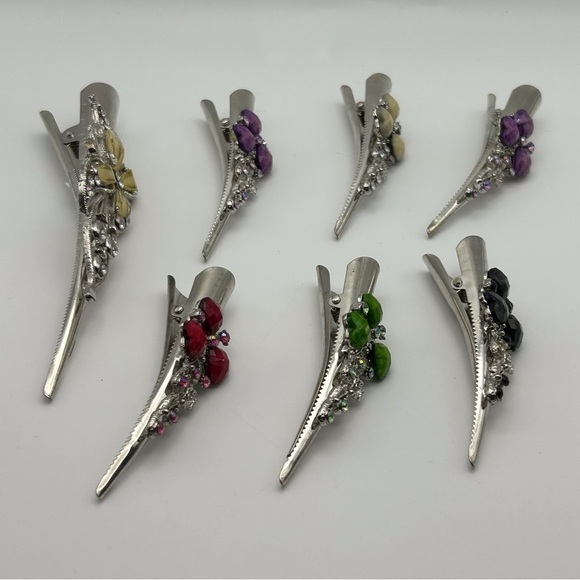 Lot of 7 Silver Tone Alligator Clips Floral Butterfly and Rhinestones Classic